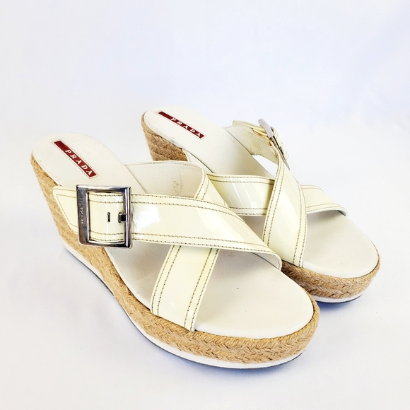 PRADA Espadrille White Leather Wedge Sandals - Picture 1 of 12